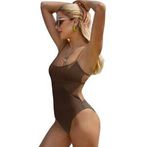 ZAFUL Women's One Piece Swimsuit Ribbed Adjustable Straps Brown Size 6 Sexy Pool
